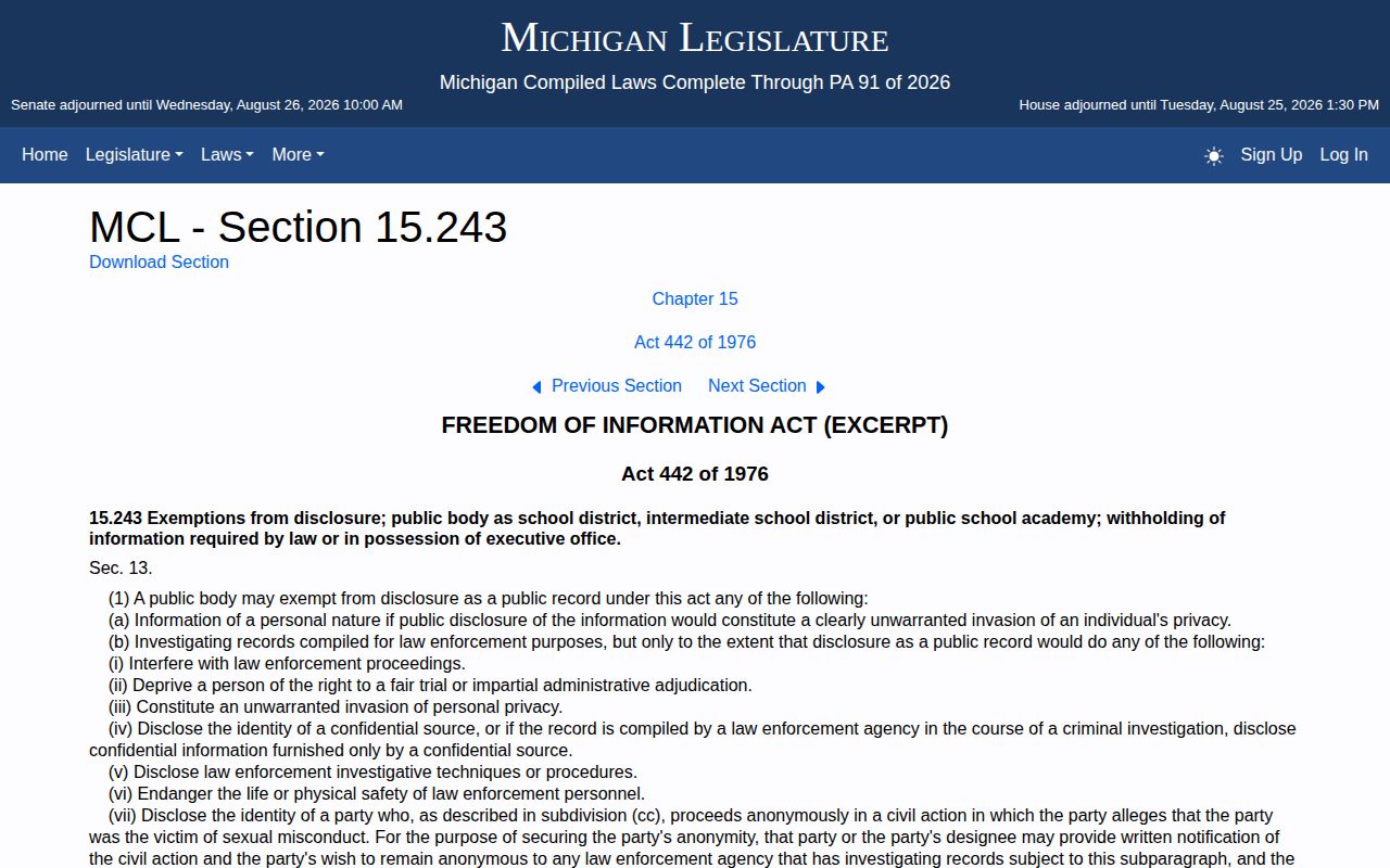 Michigan public-record law for Shiawassee County booking photographs