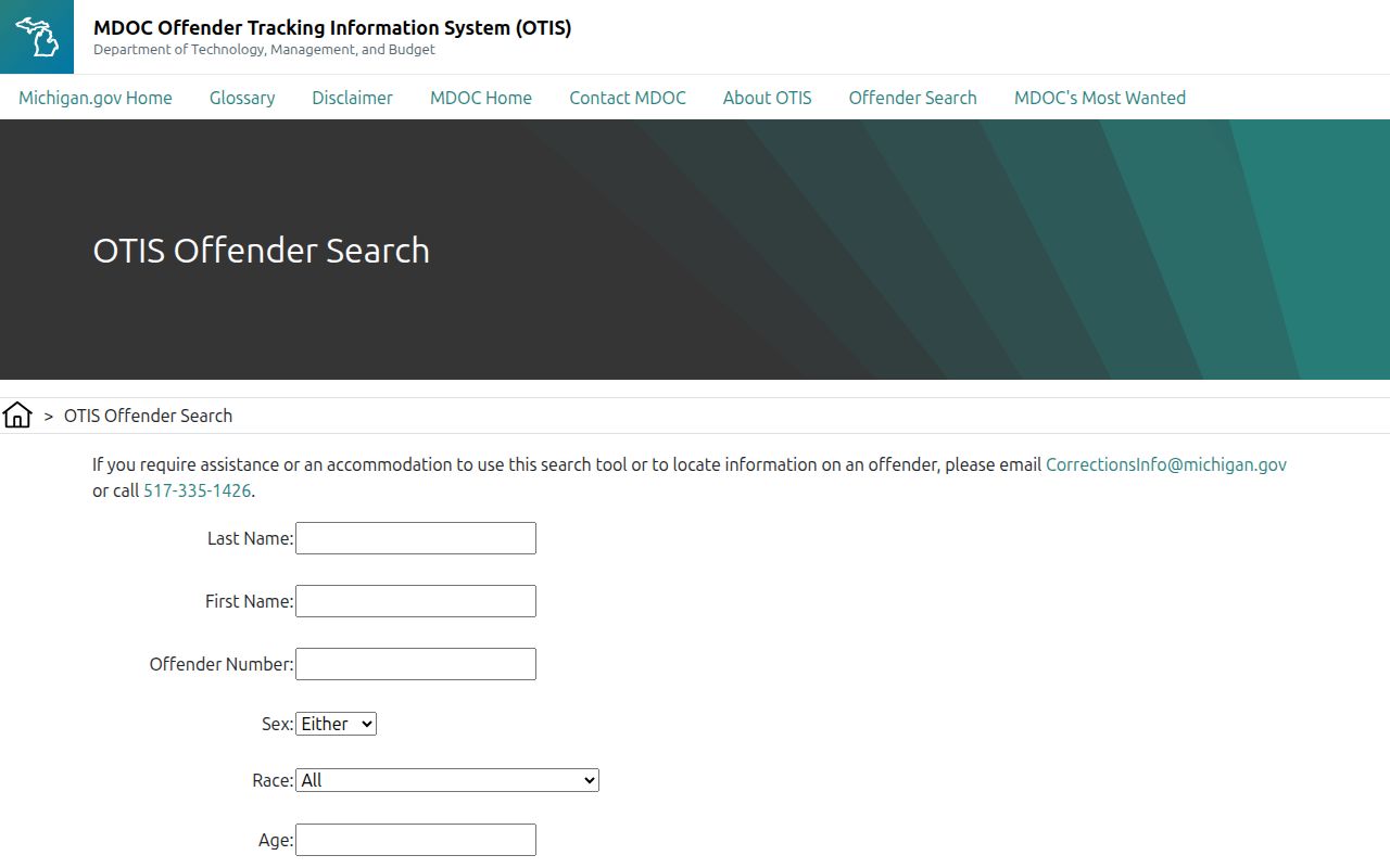 MDOC offender-search page for Shiawassee County state-custody record checks