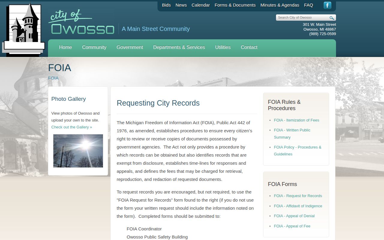 Owosso Shiawassee County FOIA request page for city arrest records