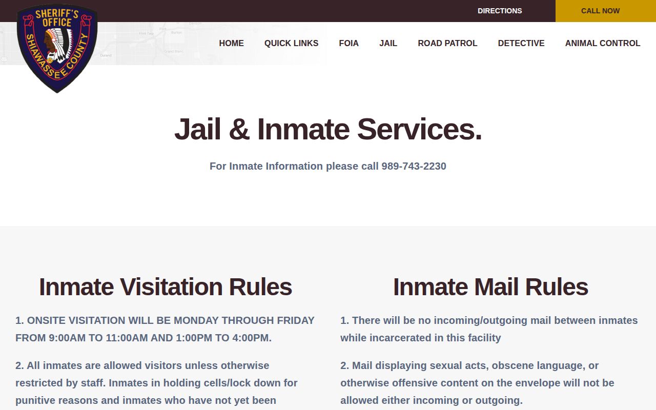 Shiawassee County Jail inmate-information and booking record service page